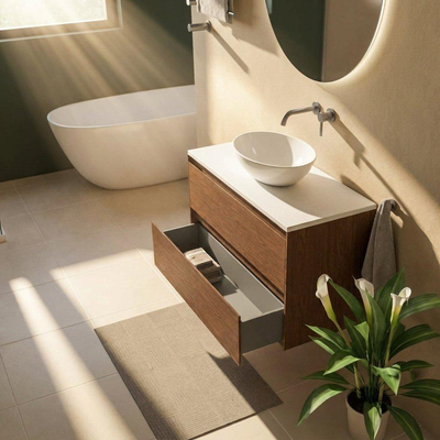 Saniclass Holz Pure Ensemble meuble de salle de bains - 100x45x62.5cm - Plan de toilette Torino en solid surface blanc - sans trou de robinet - 2 tiroirs - walnut pure mat (bois)