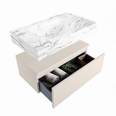 Mondiaz ALAN-DLUX Ensemble de meuble - 80cm - meuble Linen mat - 1 tiroir - Lavabo Cloud Glace suspendu - vasque Centre - 0 trous de robinet