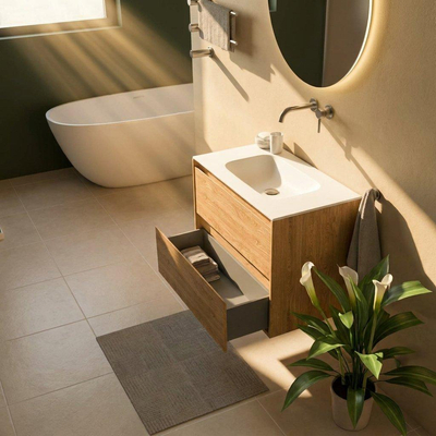 Saniclass Holz Pure Ensemble meuble de salle de bains - 80x45x61.5cm - lavabo Flow en solid surface blanc - 1 vasque - sans trou de robinetterie - 2 tiroirs - chêne natural mat (bois)