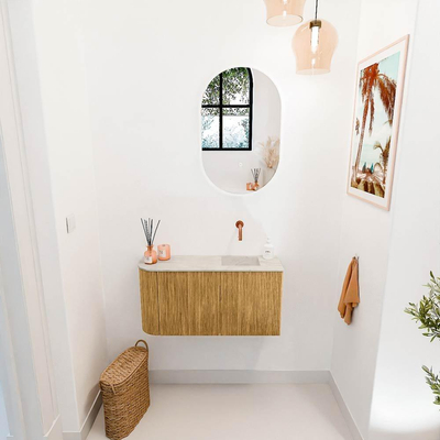 Mondiaz JOYA-DLUX 81.6cm toiletmeubel - ronding links kleur Oak - Wastafel FAYE positie Rechts Zonder kraangat kleur Ostra.