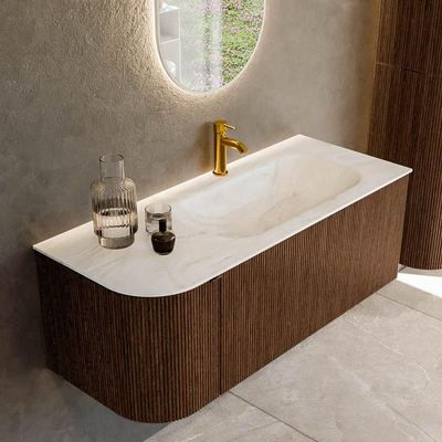 MONDIAZ KURVE-DLUX 115cm badmeubel met module 25 L kleur Walnut met 1 lade en 1 deur. Wastafel BIG SMALL rechts 1 kraangat kleur Ostra.