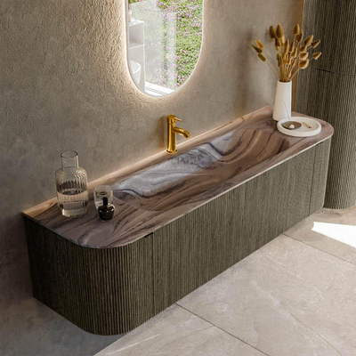 MONDIAZ KURVE-DLUX Meuble de salle de bains 160cm arrondi Gauche + Droite couleur Shadow avec 1 tiroir et 2 portes. Lavabo BIG MEDIUM Central 1 trou de robinet Sombra.