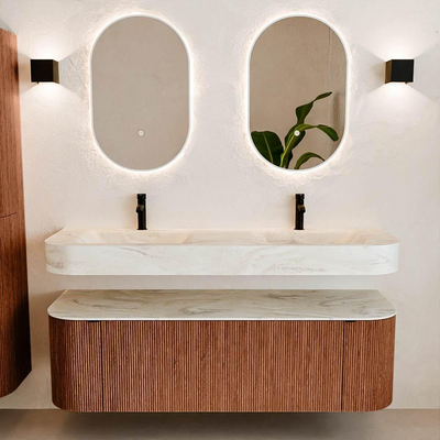 MONDIAZ THOR-DLUX 150cm meuble de salle de bains arrondi gauche + droite couleur Ruby avec 1 tiroir et 2 portes. Vasque suspendue CLOUD Double 2 trous de robinet couleur Ostra.