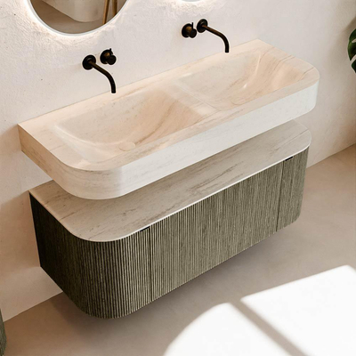 MONDIAZ THOR-DLUX 120cm meuble de salle de bains arrondi gauche + droite couleur Shadow avec 1 tiroir et 2 portes. Vasque suspendue CLOUD Double sans trou de robinet couleur Meli.