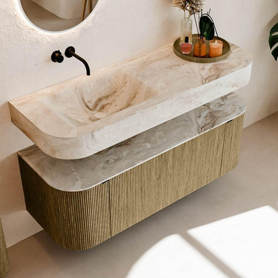 MONDIAZ THOR-DLUX 130cm meuble de salle de bains arrondi gauche + droite couleur Dusk avec 1 tiroir et 2 portes. Vasque suspendue CLOUD Gauche sans trou de robinet couleur Frappe.