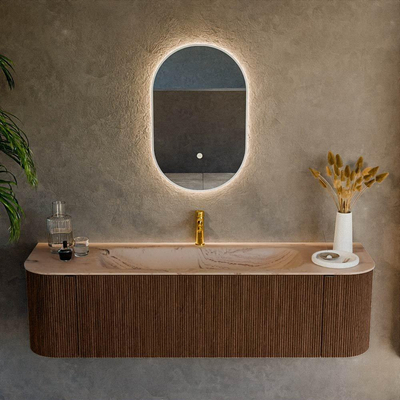 MONDIAZ KURVE-DLUX Meuble de salle de bains 160cm arrondi Gauche + Droite couleur Walnut avec 1 tiroir et 2 portes. Lavabo BIG MEDIUM Central 1 trou de robinet Arena.