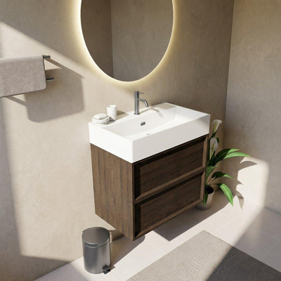 Saniclass Holz Frame Ensemble de meubles de salle de bains - 80x45x72cm - Legend lavabo en céramique blanc mat - 1 vasque - 1 trou de robinetterie - 2 tiroirs - chêne charcoal mat (bois)