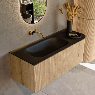 MONDIAZ KURVE 115cm Meuble salle de bain avec module 25 D - couleur Oak - 1 tiroir - 1 porte - vasque BIG SMALL gauche - sans trous de robinet - Urban