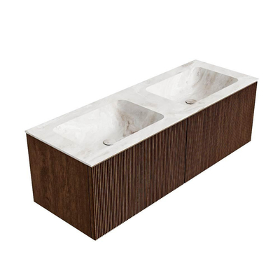 MONDIAZ KURVE-DLUX 130cm badmeubel kleur Walnut met 2 lades. Wastafel LEAF dubbel zonder kraangat kleur Frappe.