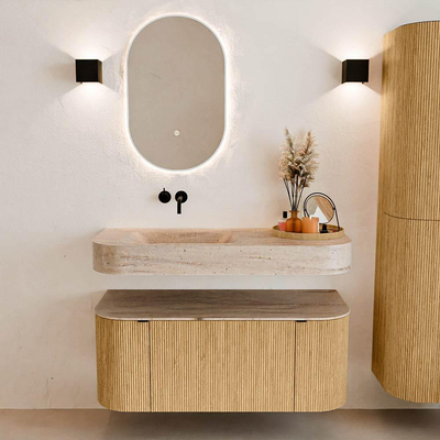 MONDIAZ THOR-DLUX 110cm badmeubel ronding links + rechts kleur Oak met 1 lade en 2 deuren. Vrijhangende wastafel CLOUD Links zonder kraangat kleur Saba.