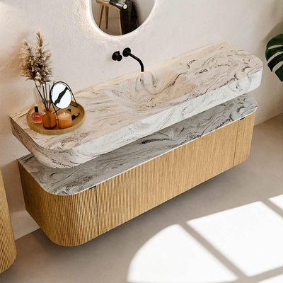 MONDIAZ THOR-DLUX 160cm badmeubel ronding links + rechts kleur Oak met 1 lade en 2 deuren. Vrijhangende wastafel CLOUD Midden zonder kraangat kleur Glace.