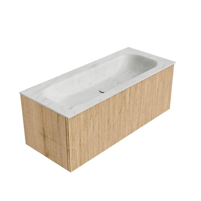 MONDIAZ KURVE-DLUX 110cm badmeubel kleur Oak met 1 lade. Wastafel BIG MEDIUM midden zonder kraangat kleur Opalo.