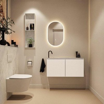 MONDIAZ TURE-DLUX Meuble de toilettes 100cm Talc. EDEN lavabo Opalo position gauche. Avec 1 trou de robinet.