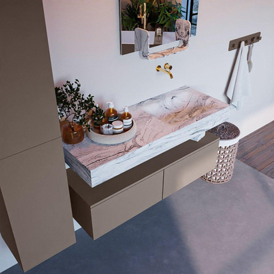 Mondiaz ALAN-DLUX Ensemble de meuble - 120cm - meuble Smoke mat - 2 tiroirs - Lavabo Cloud Glace suspendu - vasque Droite - 0 trous de robinet