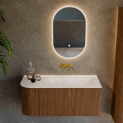 MONDIAZ KURVE-DLUX 105cm Meuble salle de bain avec module 25 G - couleur Walnut - 1 tiroir - 1 porte - vasque BIG SMALL droite - sans trou de robinet - couleur Ostra