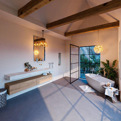 MONDIAZ ALAN - DLUX Ensemble de meubles de salle de bains - 200cm - meuble bas - chêne blanchi - 2 tiroirs - lavabo suspendu - vasque à droite - 0 trous de robinet - Opalo