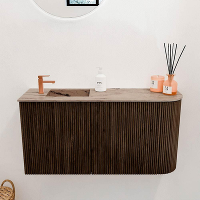 Mondiaz JOYA-DLUX 81.6cm toiletmeubel - ronding rechts kleur Walnut - Wastafel FAYE positie Links 1 kraangat kleur Arena.