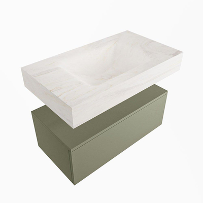 Mondiaz ALAN-DLUX Ensemble de meuble - 80cm - meuble Army mat - 1 tiroir - Lavabo Cloud Ostra suspendu - vasque Centre - 1 trou de robinet