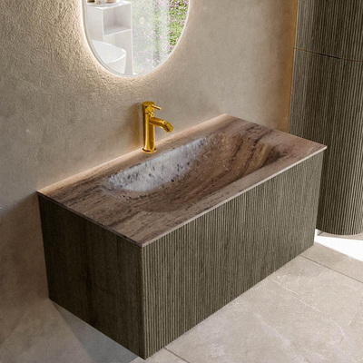 MONDIAZ KURVE-DLUX Meuble de salle de bains 90cm couleur Shadow avec 1 tiroir et 0 portes. Lavabo BIG SMALL Central 1 trou de robinet Oza.