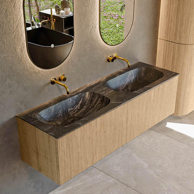 MONDIAZ KURVE-DLUX 150cm Meuble salle de bain - couleur Oak - 2 tiroirs - vasque STOR SMALL double - sans trou de robinet - couleur Lava