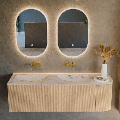 MONDIAZ KURVE-DLUX Meuble de salle de bains 145cm arrondi à droite couleur Chêne avec 1 tiroir et 1 porte. Plan-vasque LEAF Double / Gauche sans trou de robinet Nata.