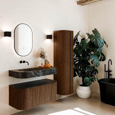 MONDIAZ THOR-DLUX 100cm badmeubel ronding links + rechts kleur Walnut met 1 lade en 2 deuren. Vrijhangende wastafel CLOUD Links zonder kraangat kleur Lava.