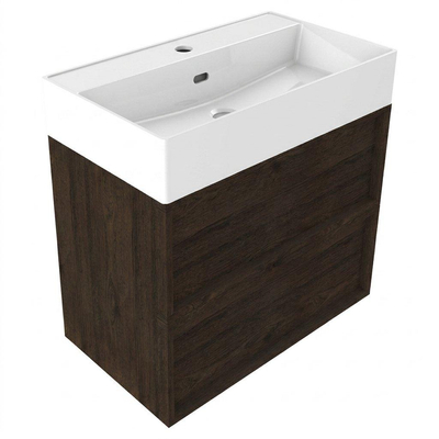 Saniclass Holz Frame Ensemble de meubles de salle de bains - 80x45x72cm - Legend lavabo en céramique blanc mat - 1 vasque - sans trou de robinetterie - 2 tiroirs - chêne charcoal mat (bois)