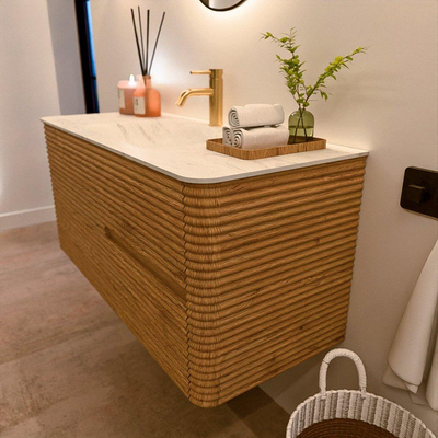 Mondiaz CIRO-DLUX Badkamermeubelset - 110x45x50cm - Solid surface wastafel Opalo - 1 wasbak Midden - 1 kraangat - 2 lades - Oak