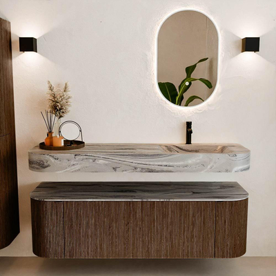 MONDIAZ THOR-DLUX 150cm badmeubel ronding links + rechts kleur Walnut met 1 lade en 2 deuren. Vrijhangende wastafel CLOUD Rechts 1 kraangat kleur Sombra.