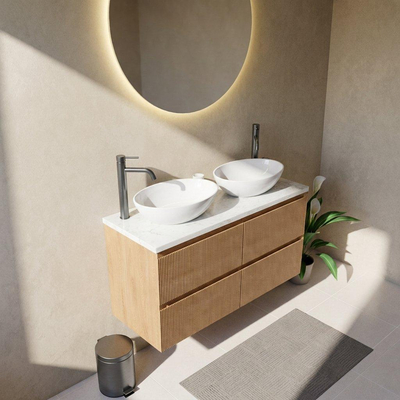 Saniclass Holz Atelier Ensemble meuble de salle de bains - 120x45x63cm - Plan vasque en marbre Dia poli (blanc) - 2 trous de robinetterie - 2 tiroirs - chêne natural mat (bois)