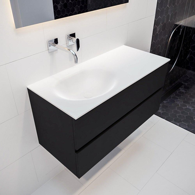 ENSEMBLE DE MEUBLE MONDIAZ VICA - 100cm - 2 tiroirs - lavabo Moon gauche - 0 trous de robinet - solid surface urban