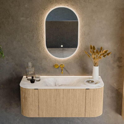 MONDIAZ KURVE-DLUX Meuble de salle de bains 110cm avec module 25 Len R couleur Oak avec 1 tiroir et 2 portes. Lavabo CLOUD central sans trou de robinet couleur Frappe.