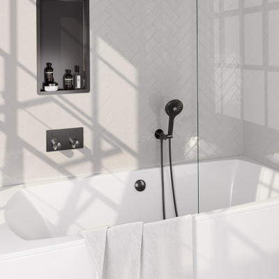 BRAUER Stripe Thermostatische Badkraan - drukknoppen - SET 04 - inbouw - badvulcombinatie - 3-standen handdouche - doucheslang - wandaansluitbocht - gunmetal geborsteld PVD