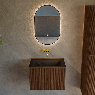 MONDIAZ KURVE 60cm Meuble salle de bain - couleur Walnut - 1 tiroir - vasque CLOUD centre - sans trous de robinet - Urban