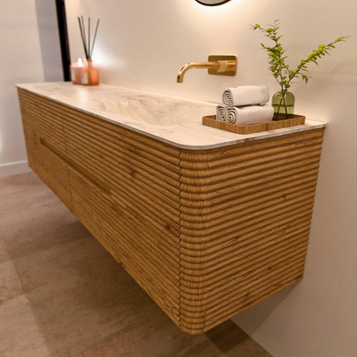 Mondiaz CIRO-DLUX Badkamermeubelset - 180x45x50cm - Solid surface wastafel Frappe - 1 wasbak Rechts - zonder kraangaten - 4 lades - Oak