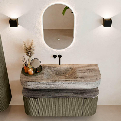 MONDIAZ THOR-DLUX 120cm meuble de salle de bains arrondi gauche + droite couleur Shadow avec 1 tiroir et 2 portes. Vasque suspendue CLOUD Milieu sans trou de robinet couleur Oza.