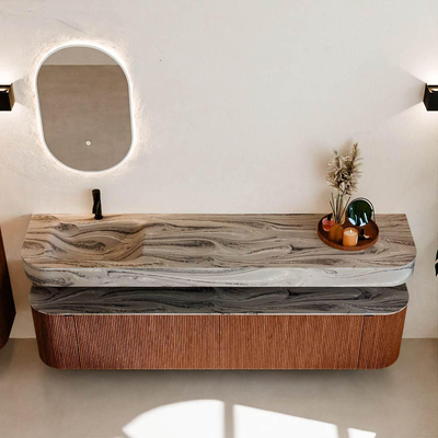 MONDIAZ THOR-DLUX 200cm meuble de salle de bains arrondi gauche + droite couleur Ruby avec 2 tiroirs et 2 portes. Vasque suspendue CLOUD Gauche 1 trou de robinet couleur Sombra.