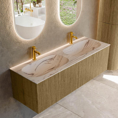 MONDIAZ KURVE-DLUX Meuble de salle de bains 140 cm couleur Dusk avec 2 tiroirs et 0 portes. Lavabo STOR SMALL Double 2 trous de robinetterie Nata.
