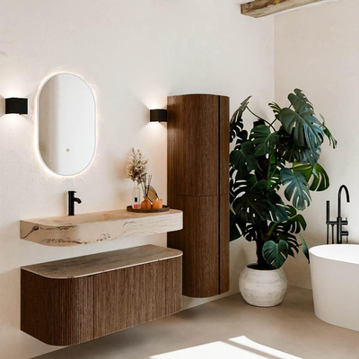 MONDIAZ THOR-DLUX 110cm badmeubel ronding links + rechts kleur Walnut met 1 lade en 2 deuren. Vrijhangende wastafel CLOUD Links 1 kraangat kleur Arena.