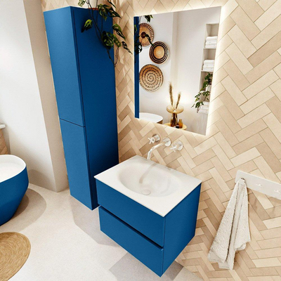 Mondiaz VICA ensemble de meuble de salle de bain - 60cm - meuble sous-vasque jeans - 2 tiroirs - lavabo moon milieu - sans trous de robinet - couleur talc - miroir LED - version XL 60cm de haut