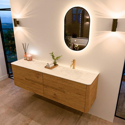 Mondiaz CIRO-DLUX Ensemble de meubles de salle de bains - 170x45x50cm - Plan vasque solid surface Opalo - 1 vasque à droite - 1 trou de robinet - 4 tiroirs - Chêne