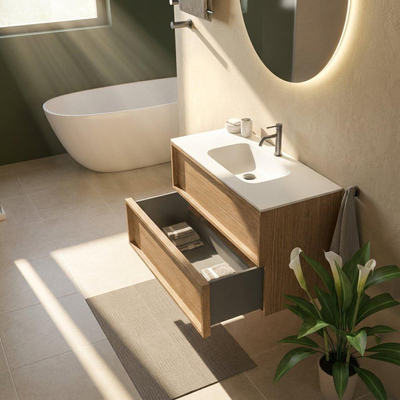 Saniclass Holz Frame Ensemble de meubles de salle de bains - 100x45x61.5cm - Flow lavabo en solid surface blanc - 1 vasque - 1 trou de robinetterie - 2 tiroirs - chêne natural mat (bois)