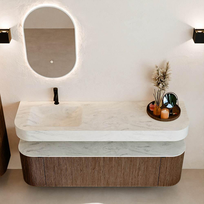 MONDIAZ THOR-DLUX 160cm badmeubel ronding links + rechts kleur Walnut met 1 lade en 2 deuren. Vrijhangende wastafel CLOUD Links 1 kraangat kleur Opalo.