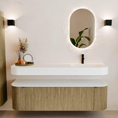 MONDIAZ THOR 160cm meuble de salle de bains arrondi gauche + droite couleur Dusk avec 1 tiroir et 2 portes. Vasque suspendue CLOUD Droite 1 trou de robinet couleur Talc.