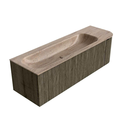 MONDIAZ KURVE-DLUX Meuble de salle de bains 145cm arrondi à droite couleur Shadow avec 1 tiroir et 1 porte. Vasque BIG LARGE à gauche sans trou de robinet Saba.