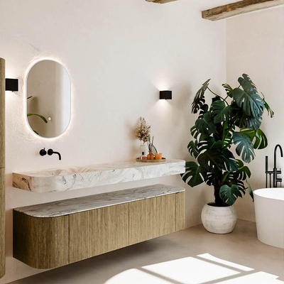 MONDIAZ THOR-DLUX 180cm meuble de salle de bains arrondi gauche + droite couleur Dusk avec 2 tiroirs et 2 portes. Vasque suspendue CLOUD Gauche sans trou de robinet couleur Glace.