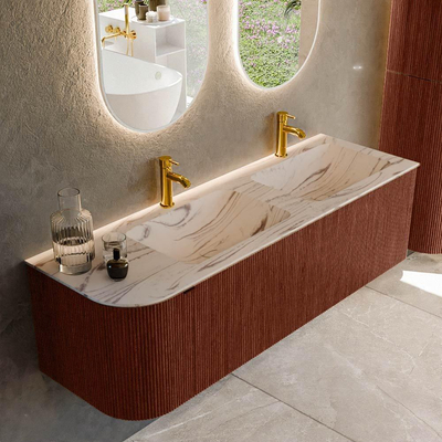 MONDIAZ KURVE-DLUX 145cm badmeubel ronding Links kleur Ruby met 1 lade en 1 deur. Wastafel LEAF Dubbel / Rechts 2 kraangaten Nata.