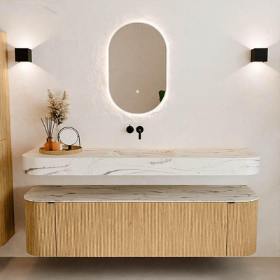 MONDIAZ THOR-DLUX Meuble de salle de bains 170cm arrondi gauche + droite couleur Oak avec 1 tiroir et 2 portes. Vasque suspendue CLOUD Milieu sans trou de robinet couleur Nata.