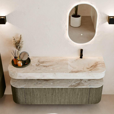 MONDIAZ THOR-DLUX 160cm meuble de salle de bains arrondi gauche + droite couleur Shadow avec 1 tiroir et 2 portes. Vasque suspendue CLOUD Droite 1 trou de robinet couleur Frappe.