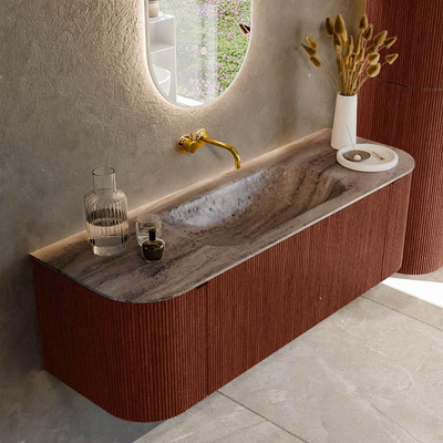 MONDIAZ KURVE-DLUX Meuble de salle de bains 140cm arrondi Gauche + Droite couleur Ruby avec 1 tiroir et 2 portes. Lavabo BIG SMALL Central sans trou de robinet Oza.